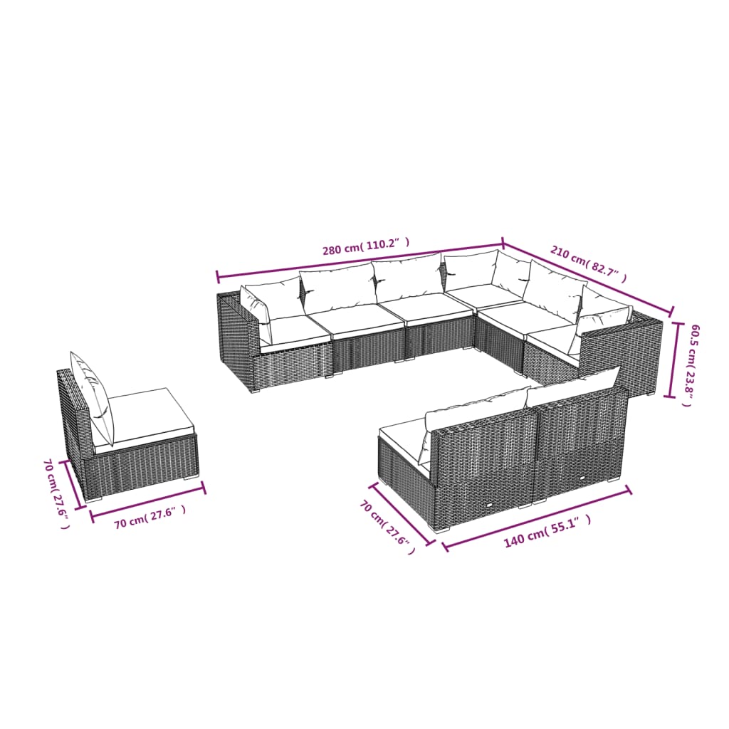 Set Divani da Giardino 9 pz con Cuscini in Polyrattan Marrone - homemem39