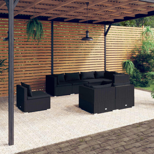 Set Divani da Giardino 8 pz con Cuscini in Polyrattan Nero - homemem39