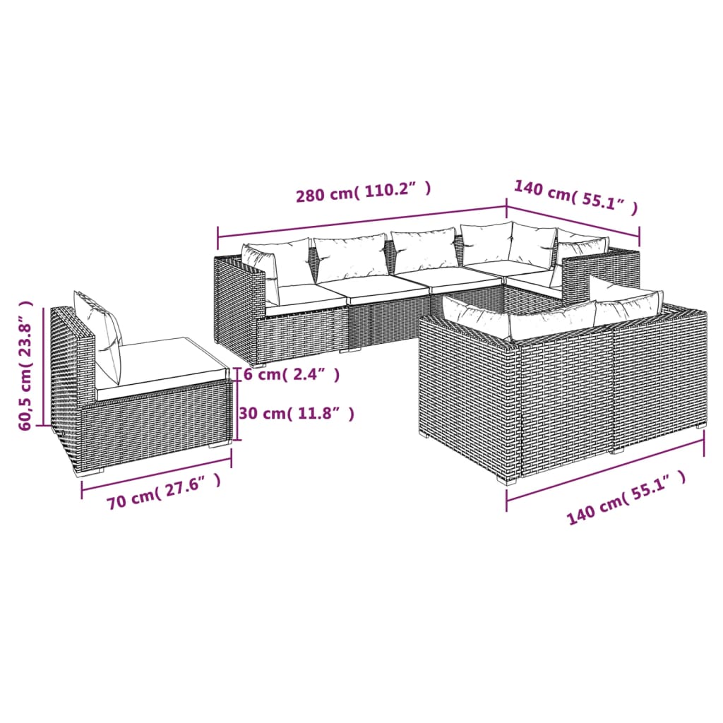 Set Divani da Giardino 8 pz con Cuscini in Polyrattan Marrone - homemem39