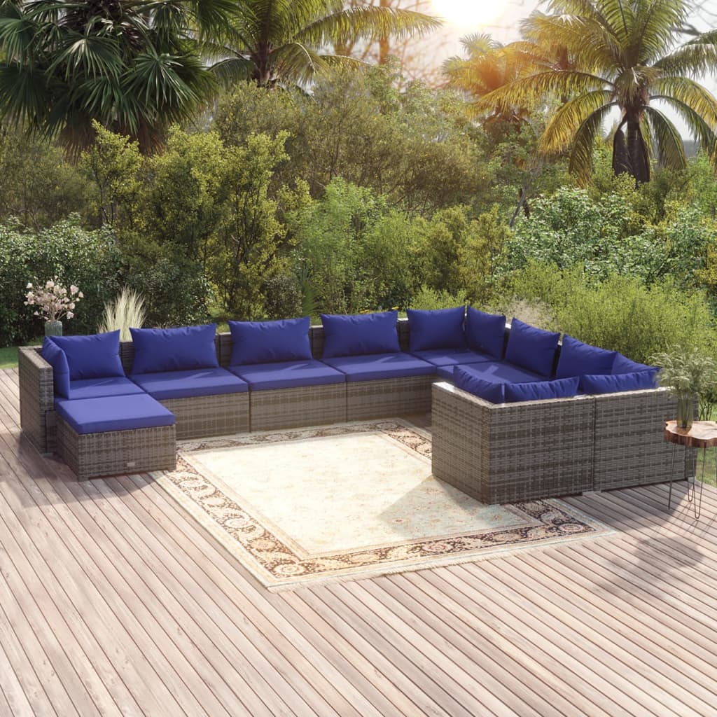 Set Divani da Giardino 10 pz con Cuscini in Polyrattan Grigio - homemem39