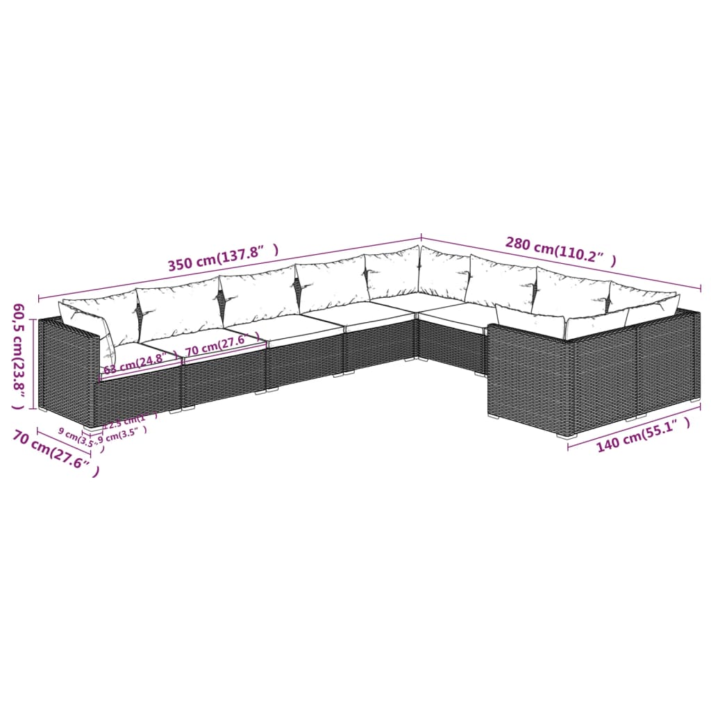 Set Divani da Giardino 9 pz con Cuscini in Polyrattan Marrone - homemem39