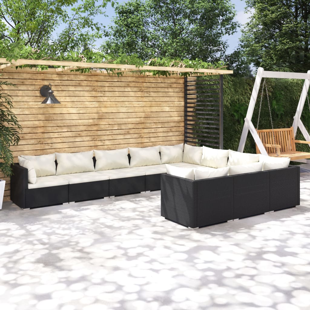 Set Divani da Giardino 10 pz con Cuscini in Polyrattan Nero - homemem39