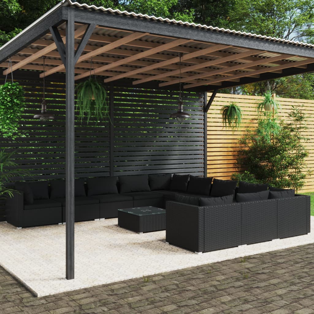 Set Divani da Giardino 12 pz con Cuscini in Polyrattan Nero - homemem39