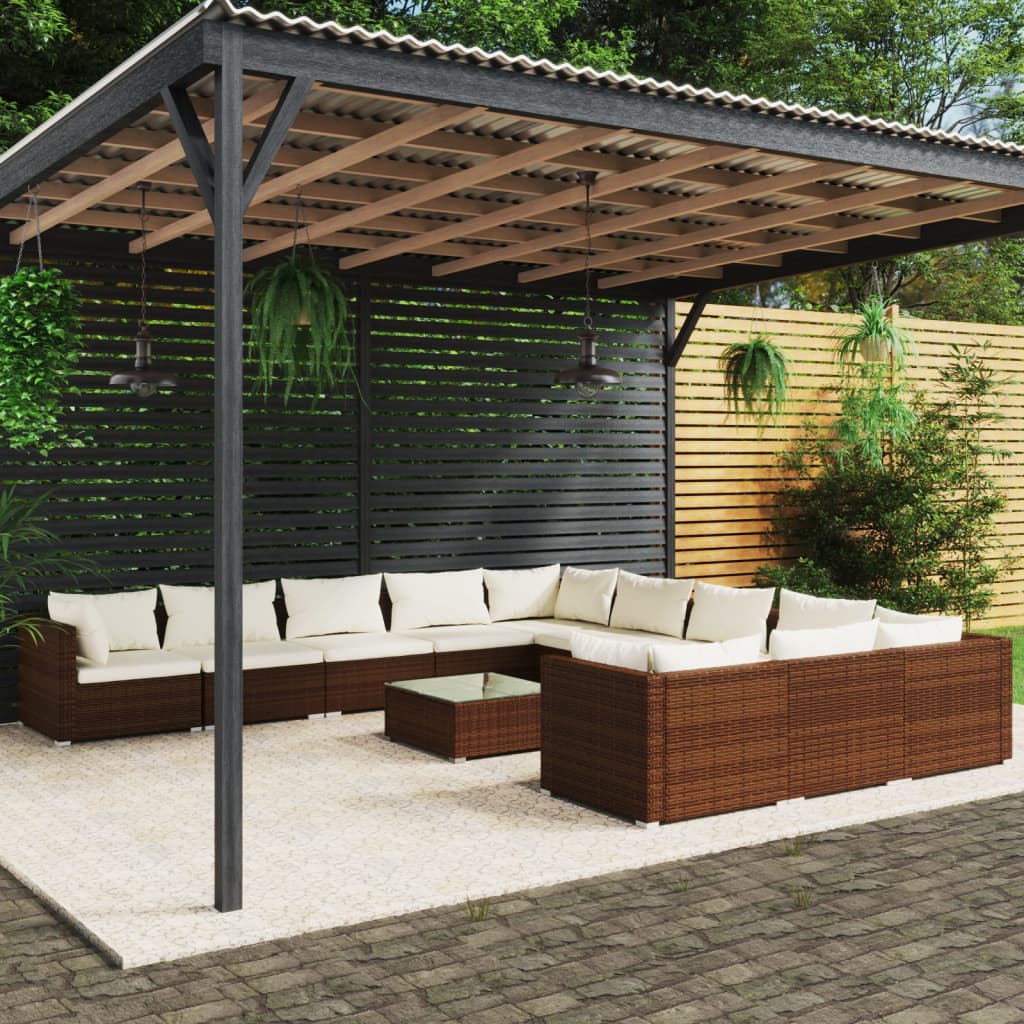 Set Divani da Giardino 12 pz con Cuscini in Polyrattan Marrone - homemem39