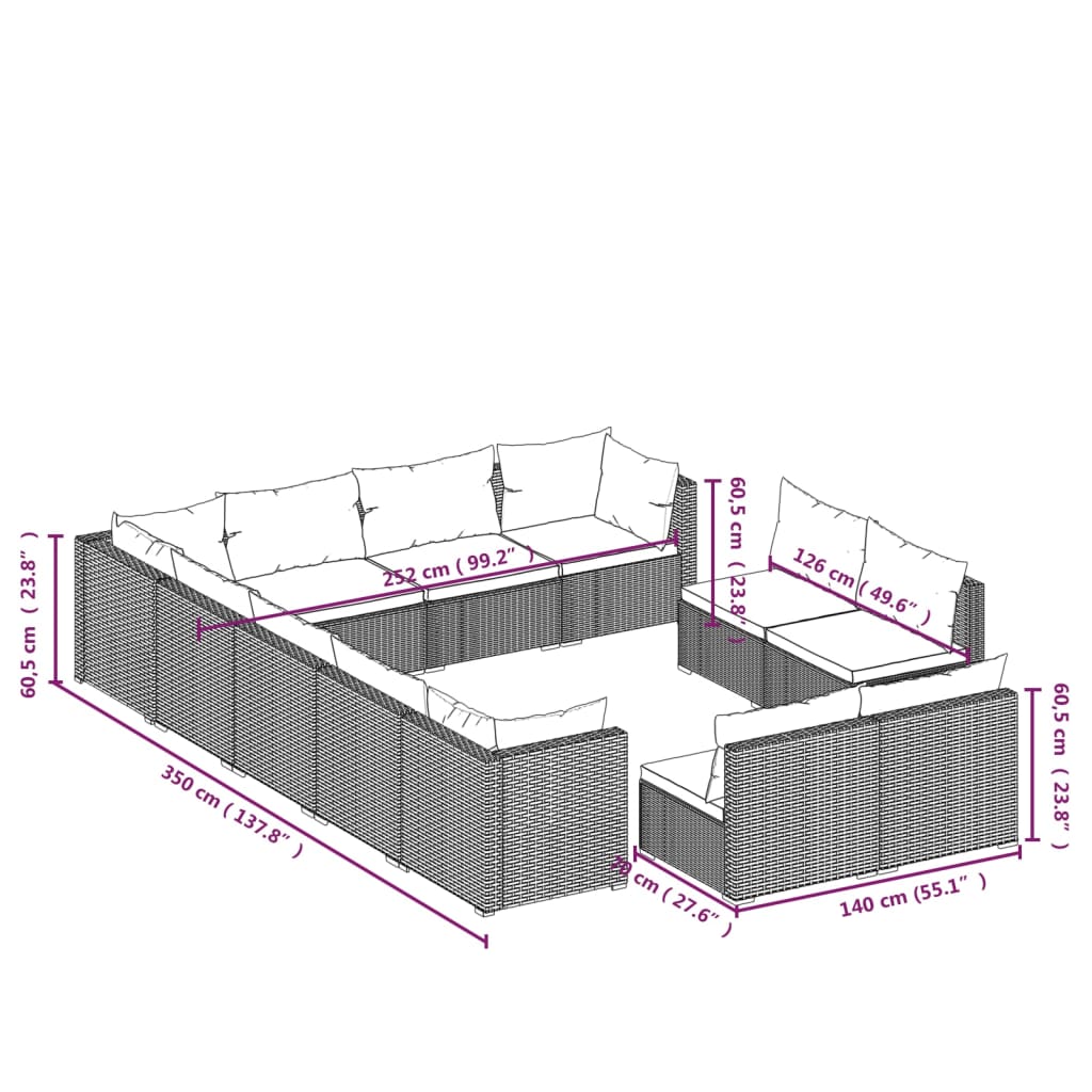 Set Divani da Giardino 12 pz con Cuscini in Polyrattan Marrone - homemem39