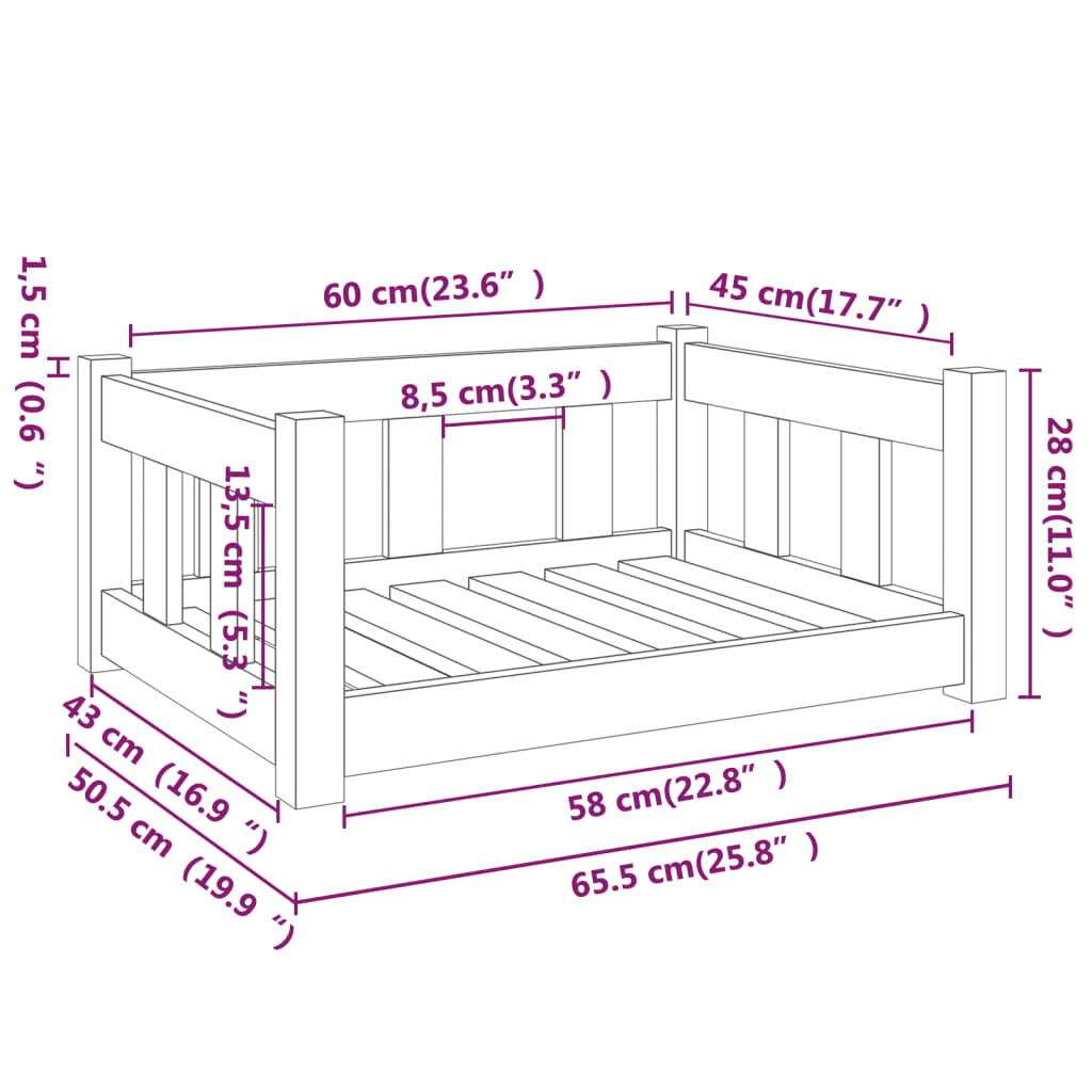 Cuccia per Cani 65,5x50,5x28 cm in Legno Massello di Pino - homemem39