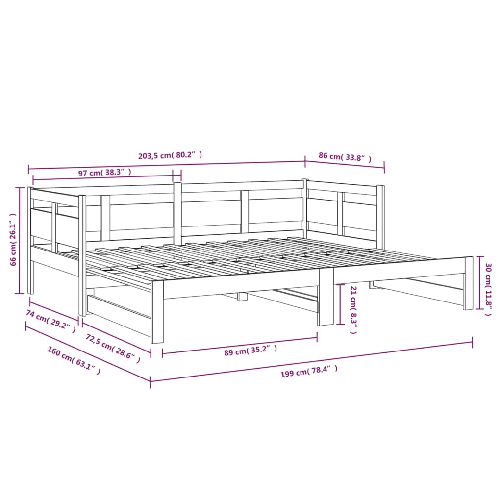 Dormeuse Estraibile Nera in Legno Massello di Pino 2x(80x200)cm - homemem39