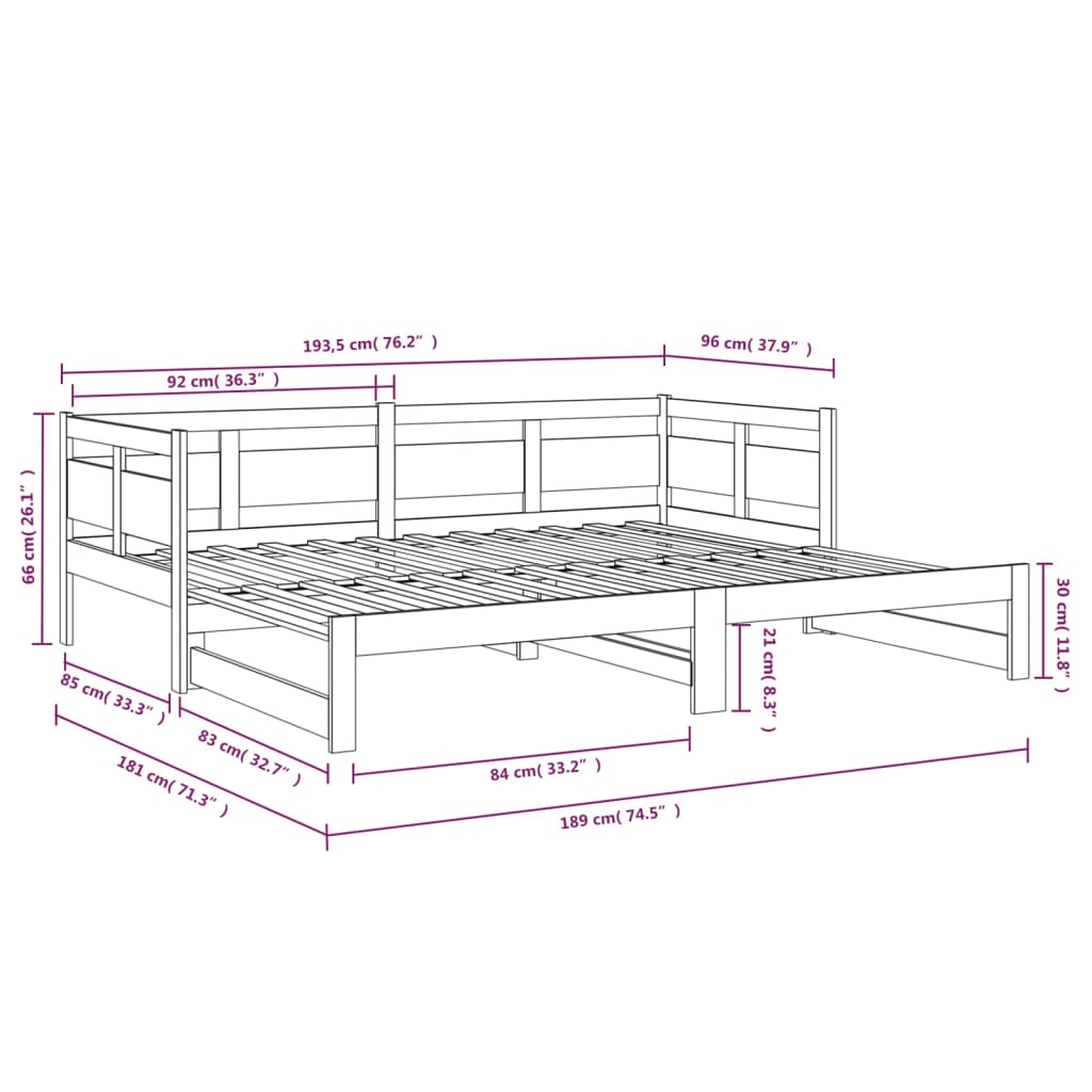 Dormeuse Estraibile Nera in Legno Massello di Pino 2x(90x190)cm - homemem39