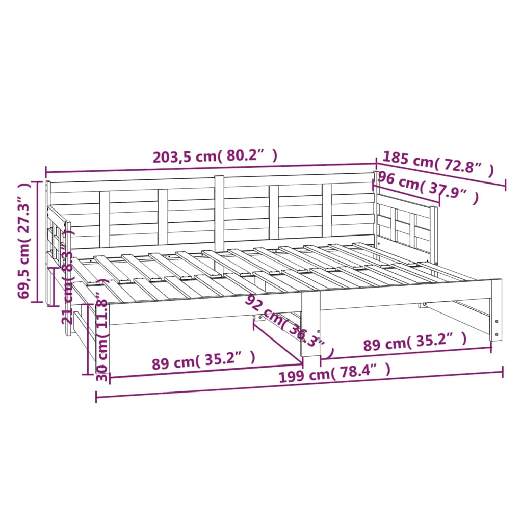 Dormeuse Estraibile Nera in Legno Massello di Pino 2x(90x200)cm - homemem39