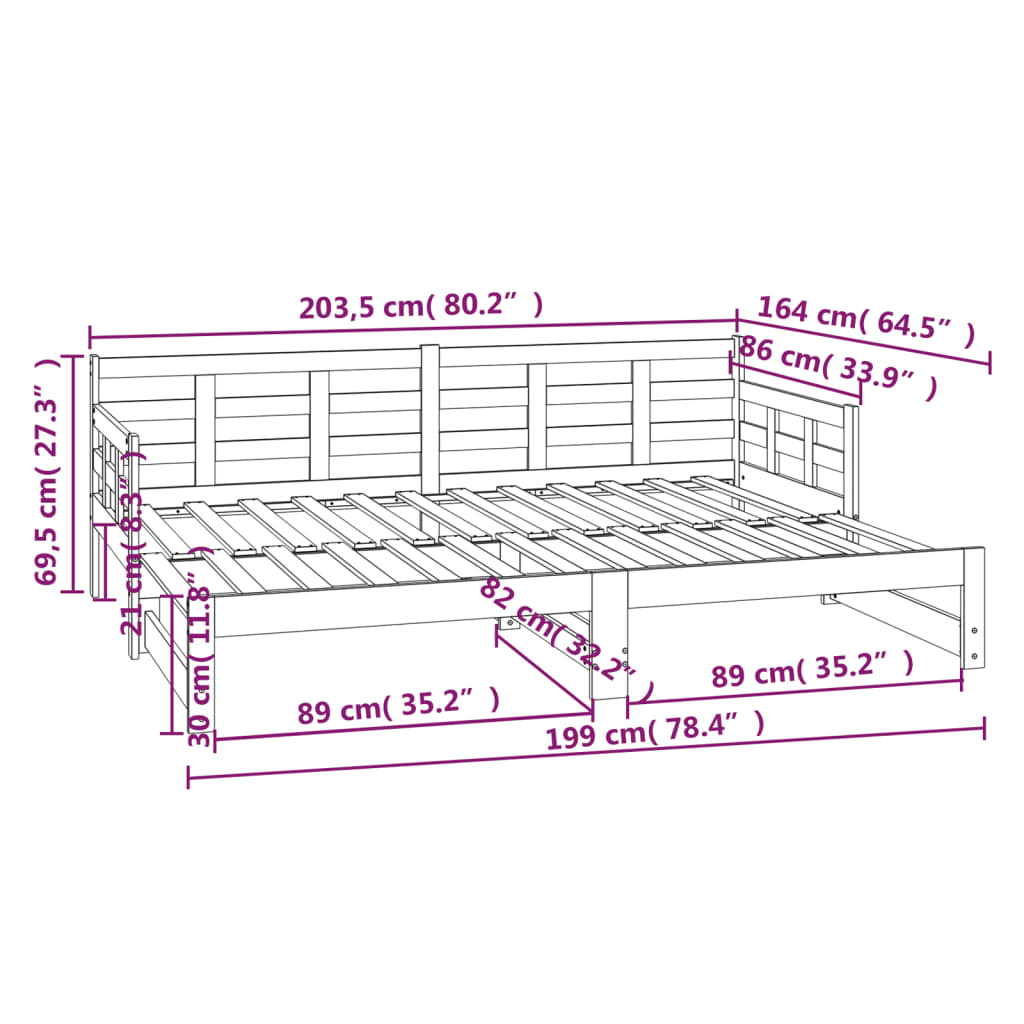 Dormeuse Estraibile in Legno Massello di Pino 2x(80x200) cm - homemem39