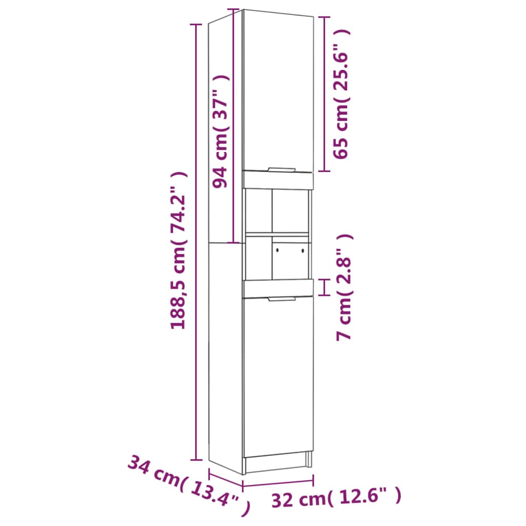 Armadietto Bagno Grigio Sonoma 32x34x188,5 cm Legno Multistrato - homemem39