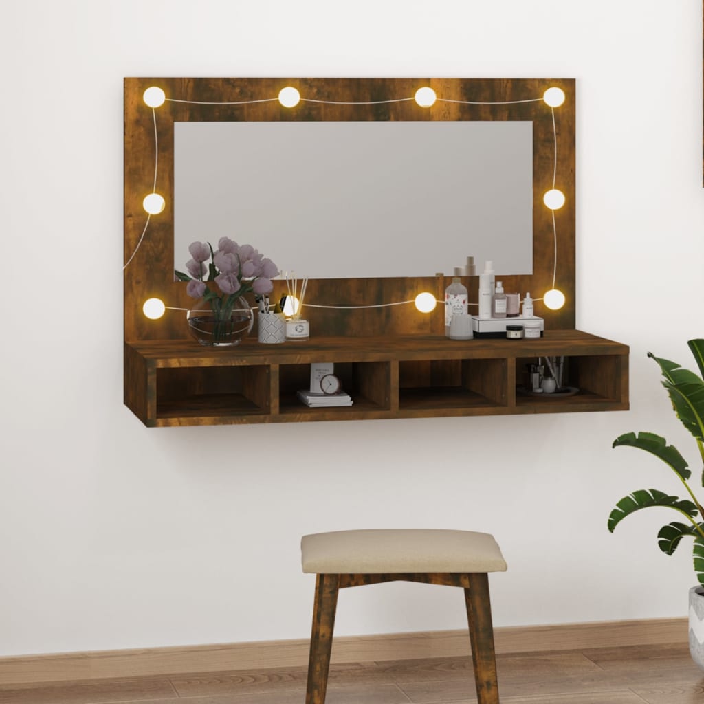 Mobile a Specchio con LED Rovere Fumo 90x31,5x62 cm - homemem39