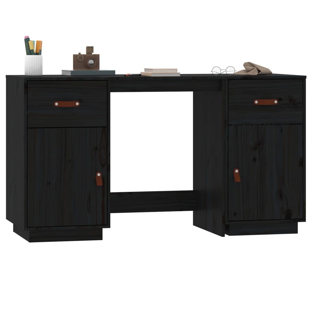 Scrivania con Armadietti Nera 135x50x75 cm Legno Massello Pino - homemem39