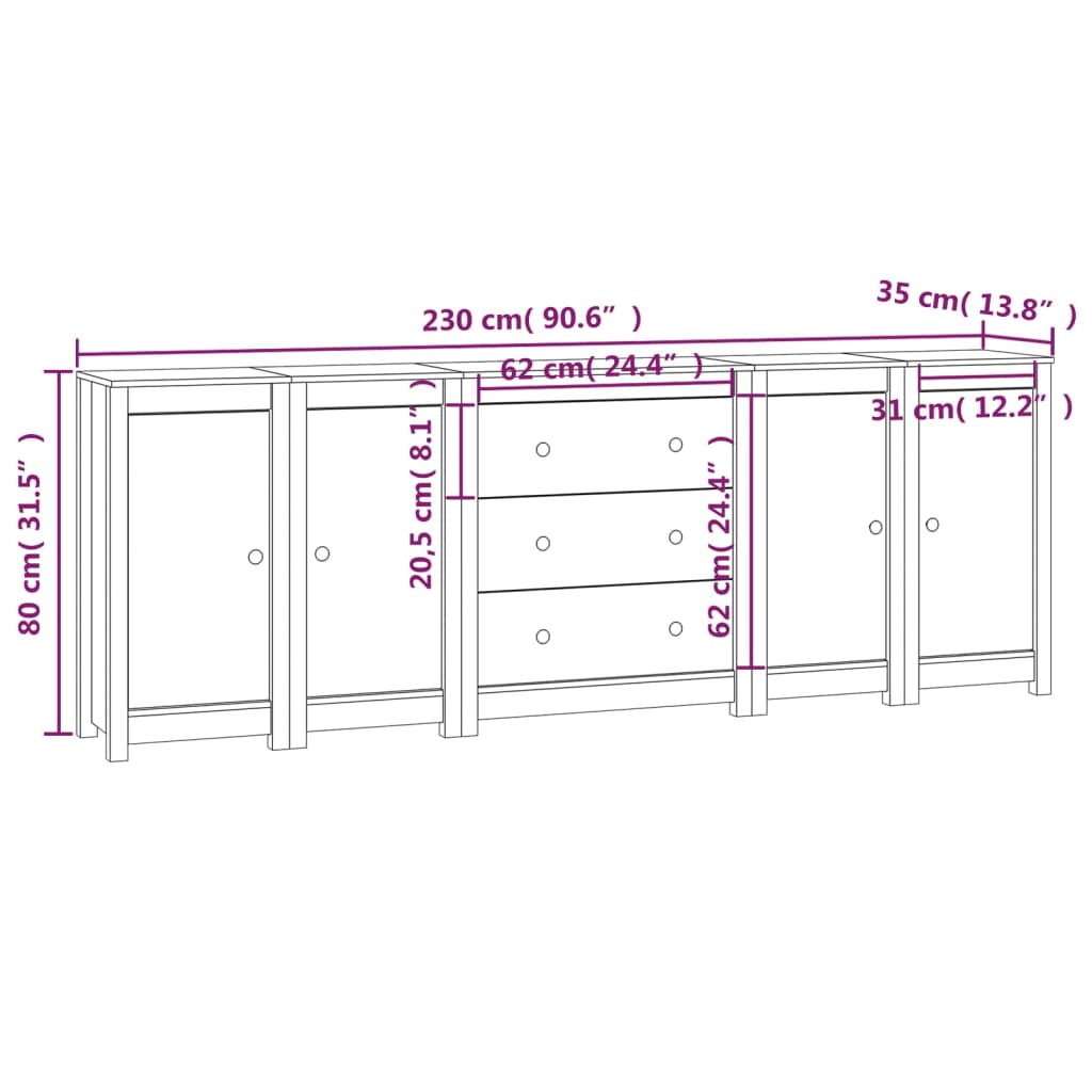 Credenza 230x35x80 cm in Legno Massello di Pino - homemem39