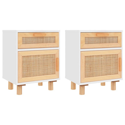 Comodini 2 pz Bianchi Legno Massello di Pino e Rattan Naturale - homemem39