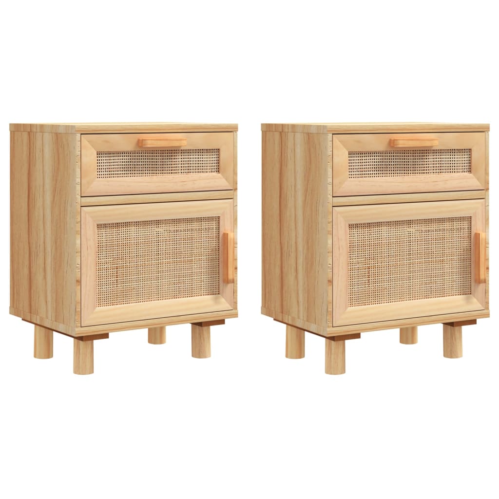 Comodini 2 pz Marroni Legno Massello di Pino e Rattan Naturale - homemem39