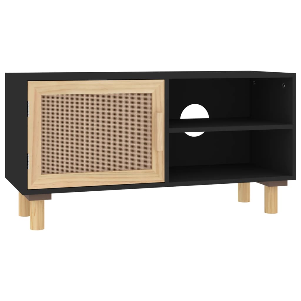 Mobile TV Nero 80x30x40 cm Massello Pino e Rattan Naturale - homemem39