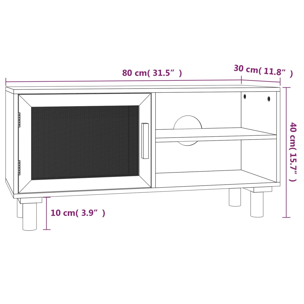 Mobile TV Nero 80x30x40 cm Massello Pino e Rattan Naturale - homemem39