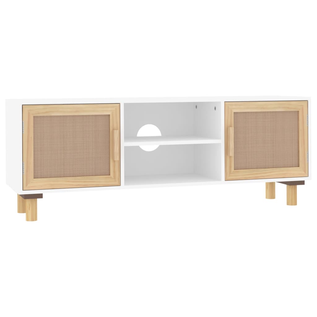 Mobile TV Bianco 105x30x40 cm Massello Pino e Rattan Naturale - homemem39