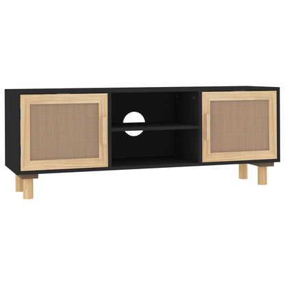 Mobile TV Nero 105x30x40 cm Massello Pino e Rattan Naturale - homemem39