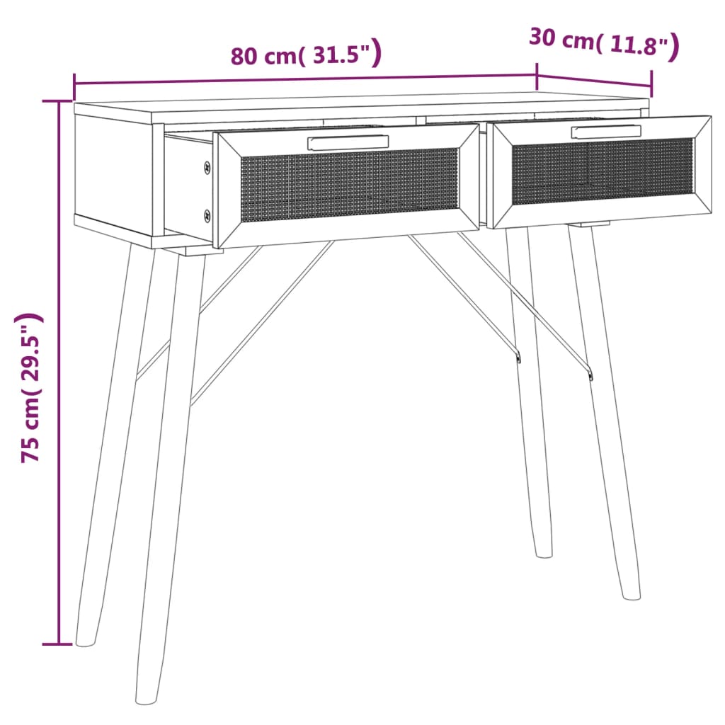 Tavolo Consolle Nero 80x30x75cm Massello Pino e Rattan Naturale - homemem39