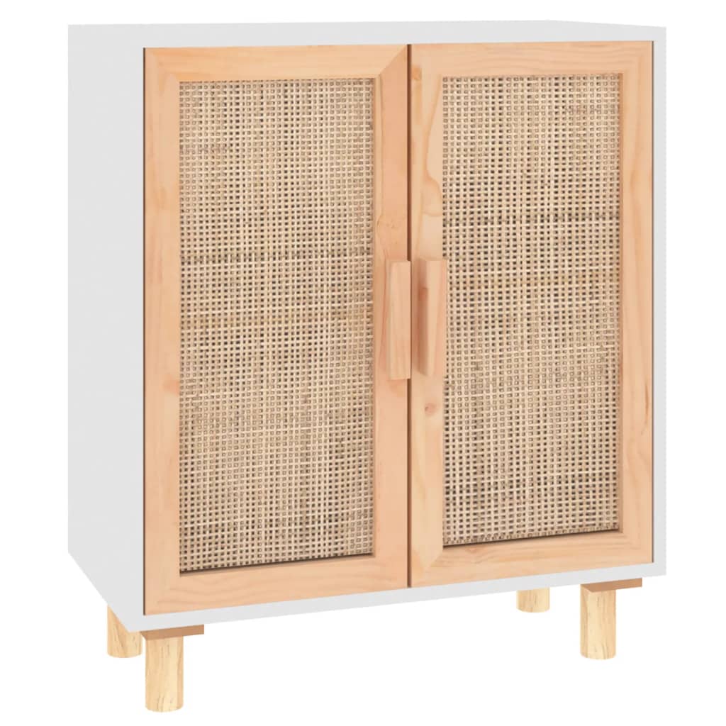 Credenza Bianca 60x30x70 cm Legno Massello Pino Rattan Naturale - homemem39