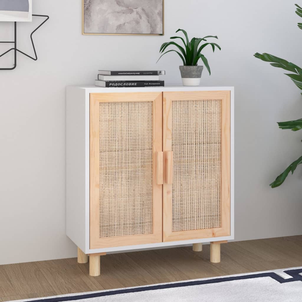 Credenza Bianca 60x30x70 cm Legno Massello Pino Rattan Naturale - homemem39