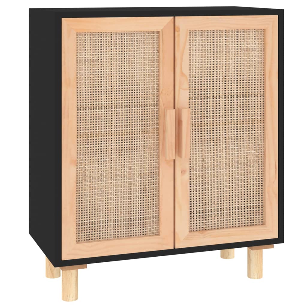 Credenza Nera 60x30x70 cm Legno Massello Pino e Rattan Naturale - homemem39