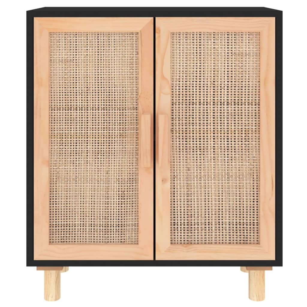 Credenza Nera 60x30x70 cm Legno Massello Pino e Rattan Naturale - homemem39