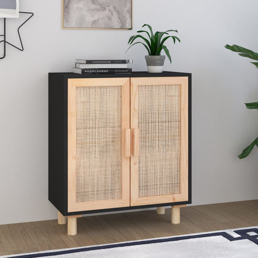 Credenza Nera 60x30x70 cm Legno Massello Pino e Rattan Naturale - homemem39