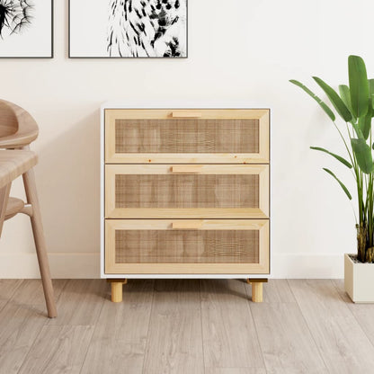 Credenza Bianca 60x30x70 cm Legno Massello Pino Rattan Naturale - homemem39