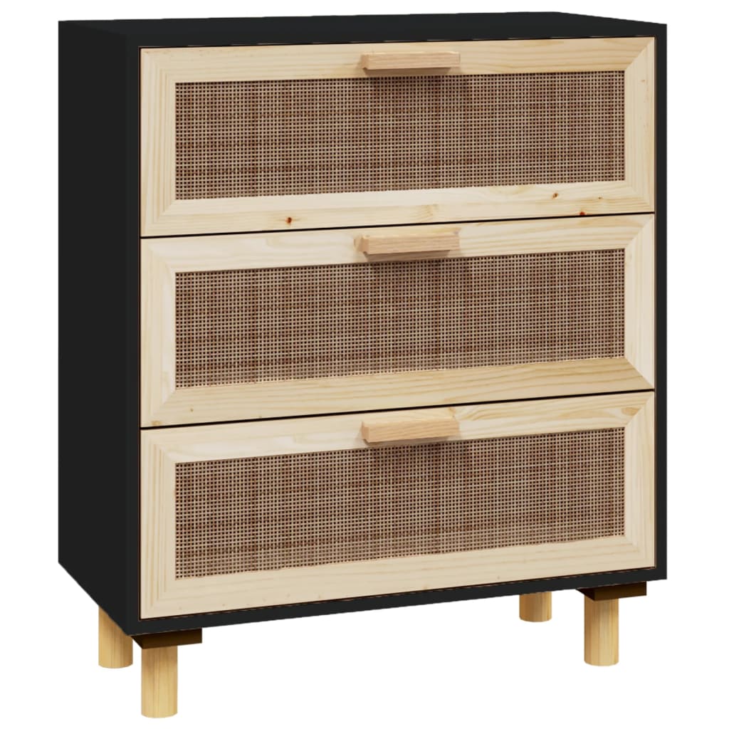 Credenza Nera 60x30x70 cm Legno Massello Pino e Rattan Naturale - homemem39