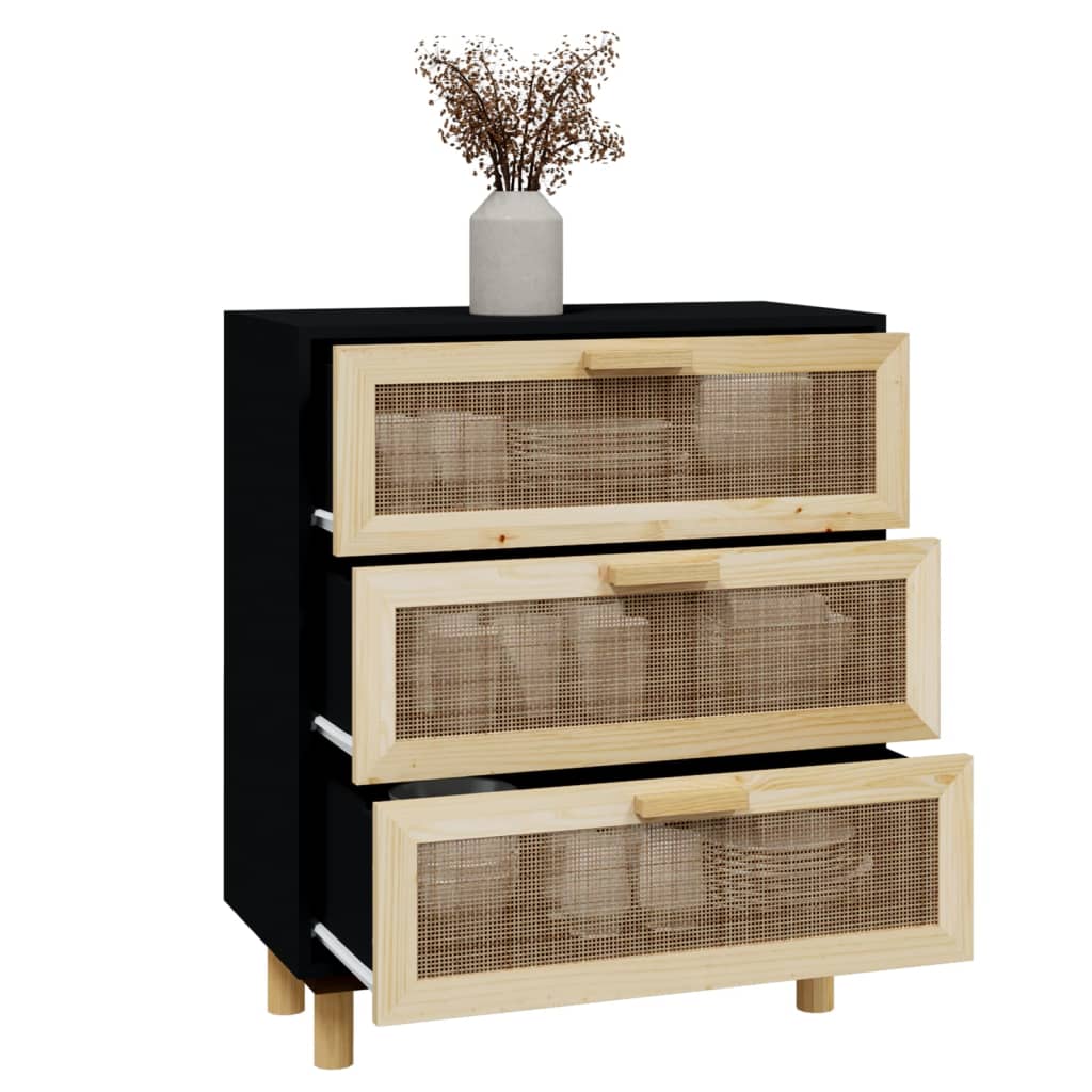 Credenza Nera 60x30x70 cm Legno Massello Pino e Rattan Naturale - homemem39