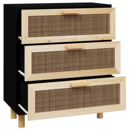 Credenza Nera 60x30x70 cm Legno Massello Pino e Rattan Naturale - homemem39