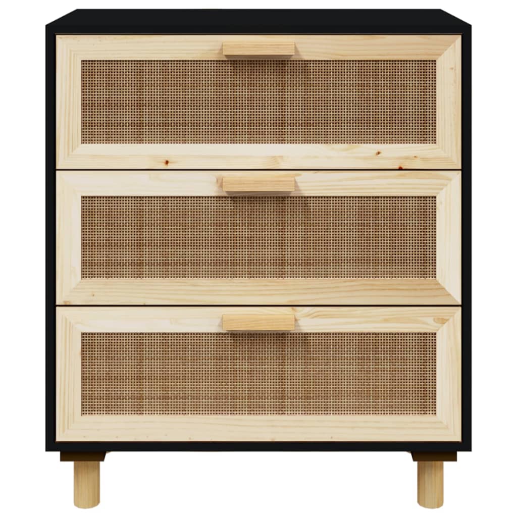 Credenza Nera 60x30x70 cm Legno Massello Pino e Rattan Naturale - homemem39