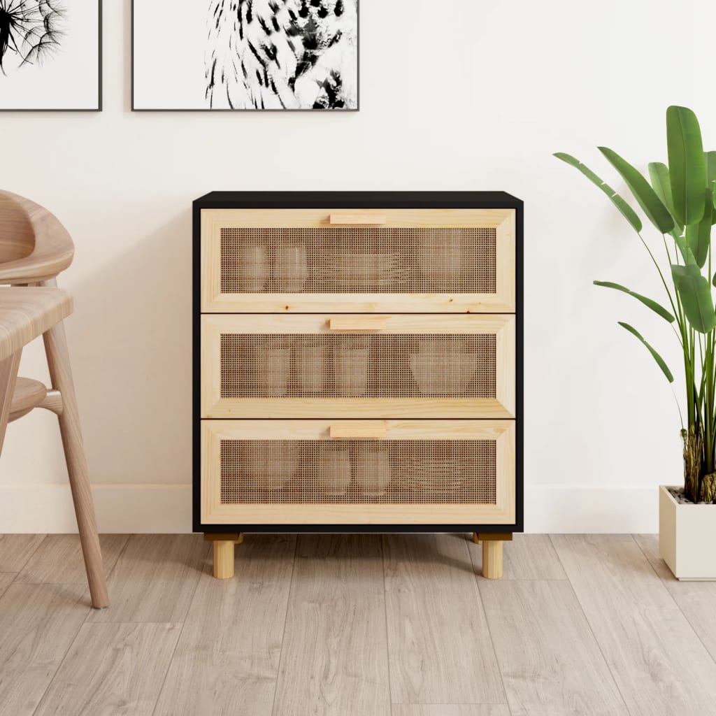 Credenza Nera 60x30x70 cm Legno Massello Pino e Rattan Naturale - homemem39