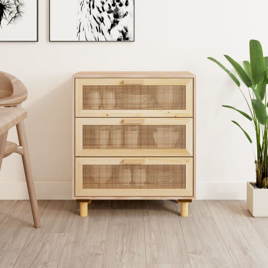 Credenza Marrone 60x30x70cm Legno Massello Pino Rattan Naturale - homemem39