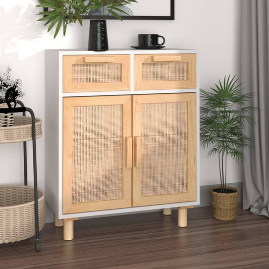 Credenza Bianca 60x30x75 cm Legno Massello Pino Rattan Naturale - homemem39