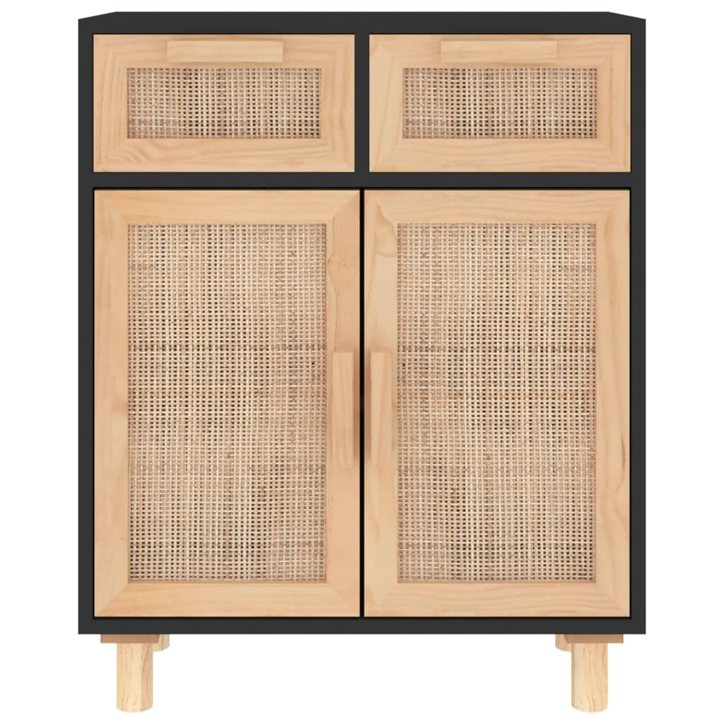 Credenza Nera 60x30x75 cm Legno Massello Pino e Rattan Naturale - homemem39