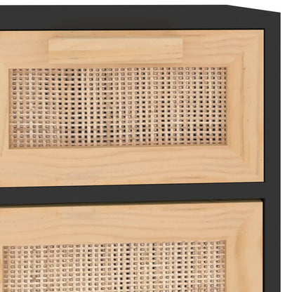 Credenza Nera 60x30x75 cm Legno Massello Pino e Rattan Naturale - homemem39