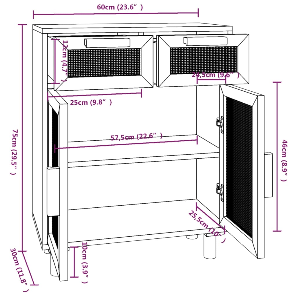 Credenza Nera 60x30x75 cm Legno Massello Pino e Rattan Naturale - homemem39