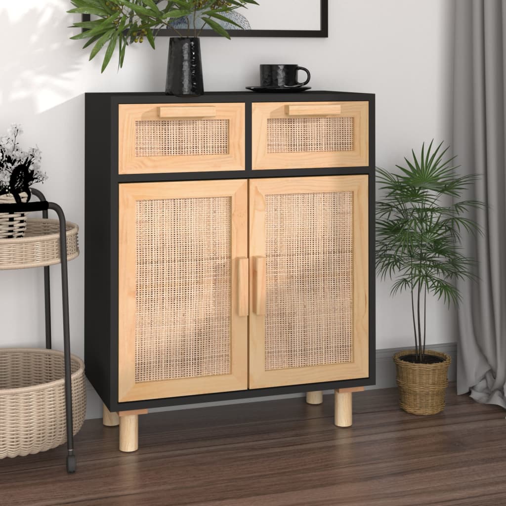 Credenza Nera 60x30x75 cm Legno Massello Pino e Rattan Naturale - homemem39