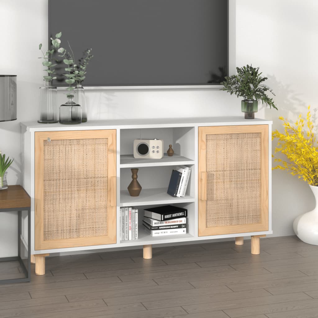 Credenza Bianca 105x30x60cm Legno Massello Pino Rattan Naturale - homemem39