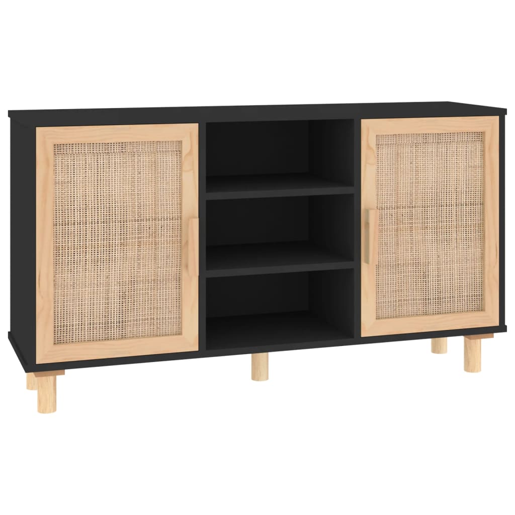 Credenza Nera 105x30x60cm Legno Massello Pino e Rattan Naturale - homemem39