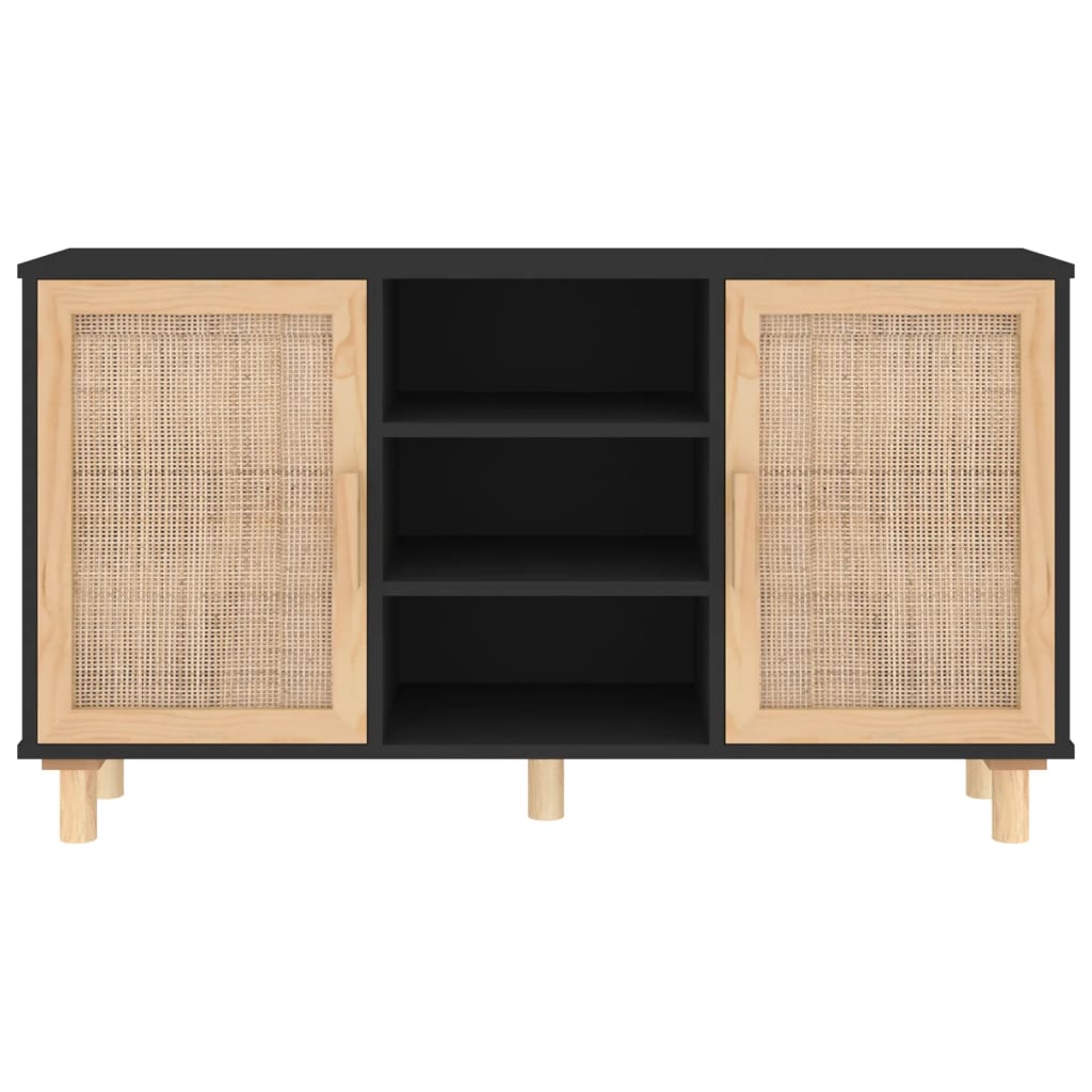 Credenza Nera 105x30x60cm Legno Massello Pino e Rattan Naturale - homemem39