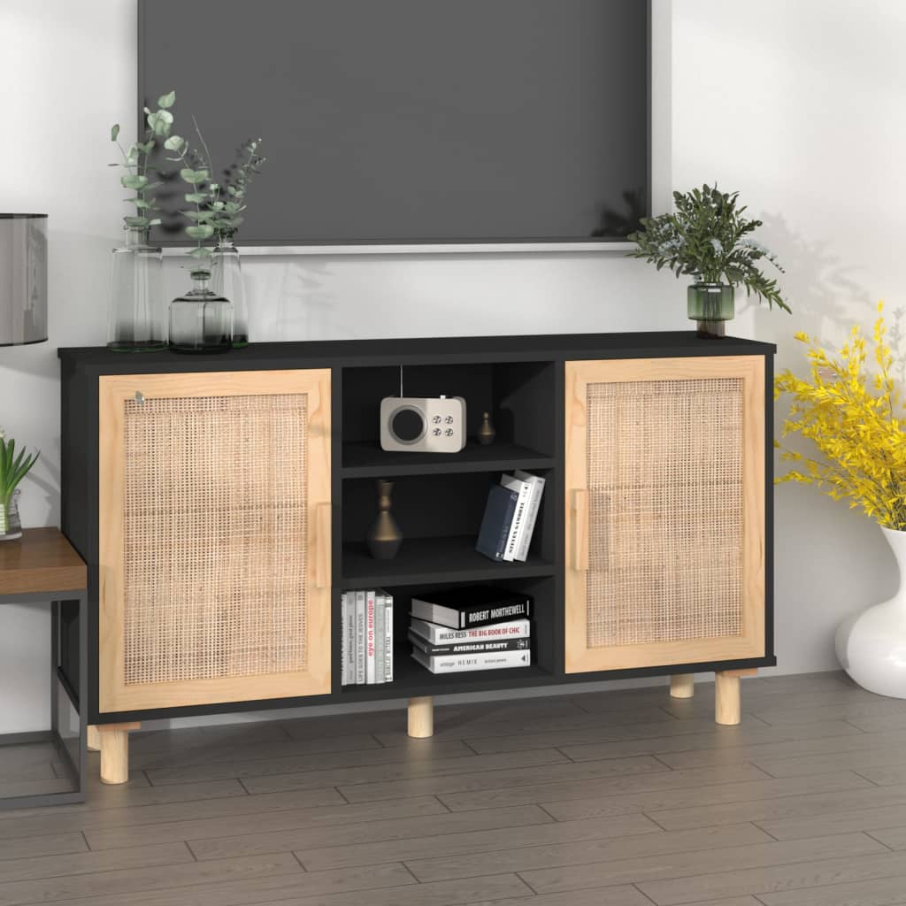 Credenza Nera 105x30x60cm Legno Massello Pino e Rattan Naturale - homemem39