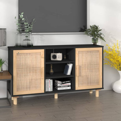 Credenza Nera 105x30x60cm Legno Massello Pino e Rattan Naturale - homemem39