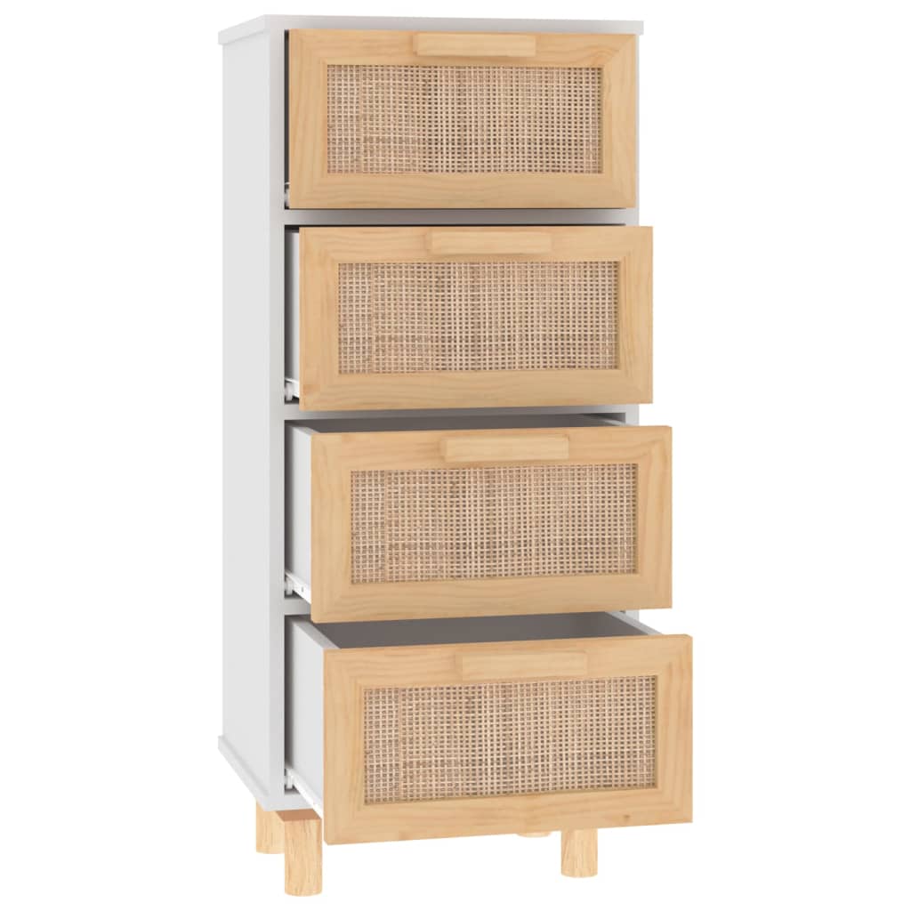 Credenza Bianca 40x30x90cm Legno Massello Pino Rattan Naturale - homemem39