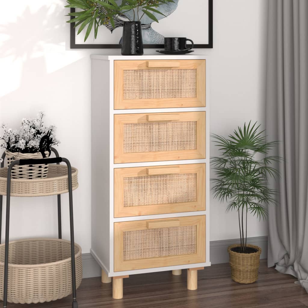 Credenza Bianca 40x30x90cm Legno Massello Pino Rattan Naturale - homemem39