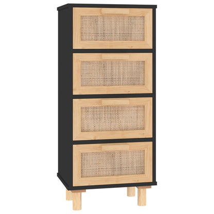 Credenza Nera 40x30x90 cm Legno Massello Pino e Rattan Naturale - homemem39